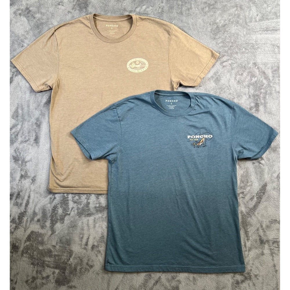 Poncho T-Shirt Mens Large Lot of 2 Blue Tan Graphic Outdoor Nature Casual